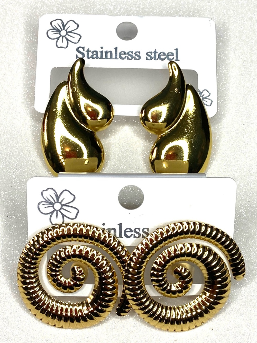 2 Gold Stainless Steel Women’s Spiral & Wave Earrings Set